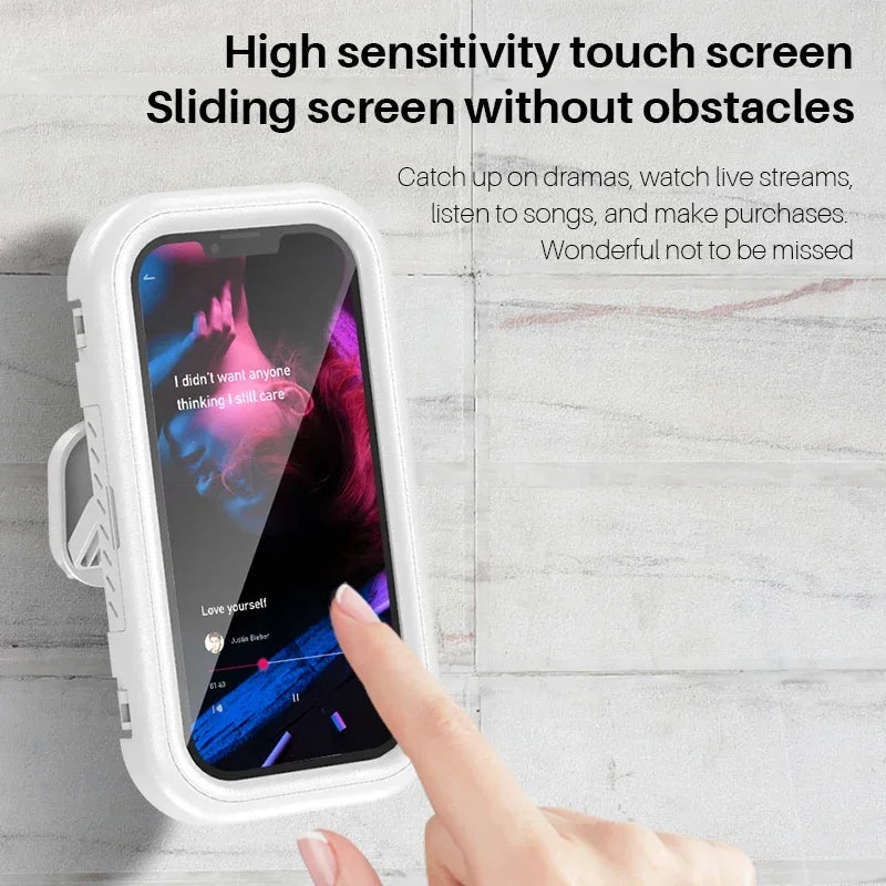 Cell Phone Holder Adjustable Sticky Wall Mount Waterproof Box Shower Bathroom Phone Stand TV Catch Up Use All Smartphones